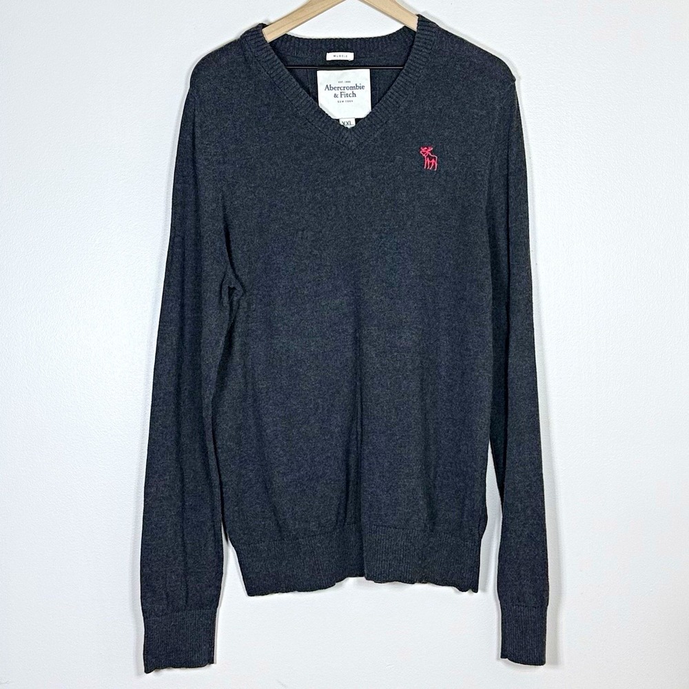 Abercrombie & Fitch Mens V-Neck Knit Sweater XXL Gray Moose Logo Muscle Fit